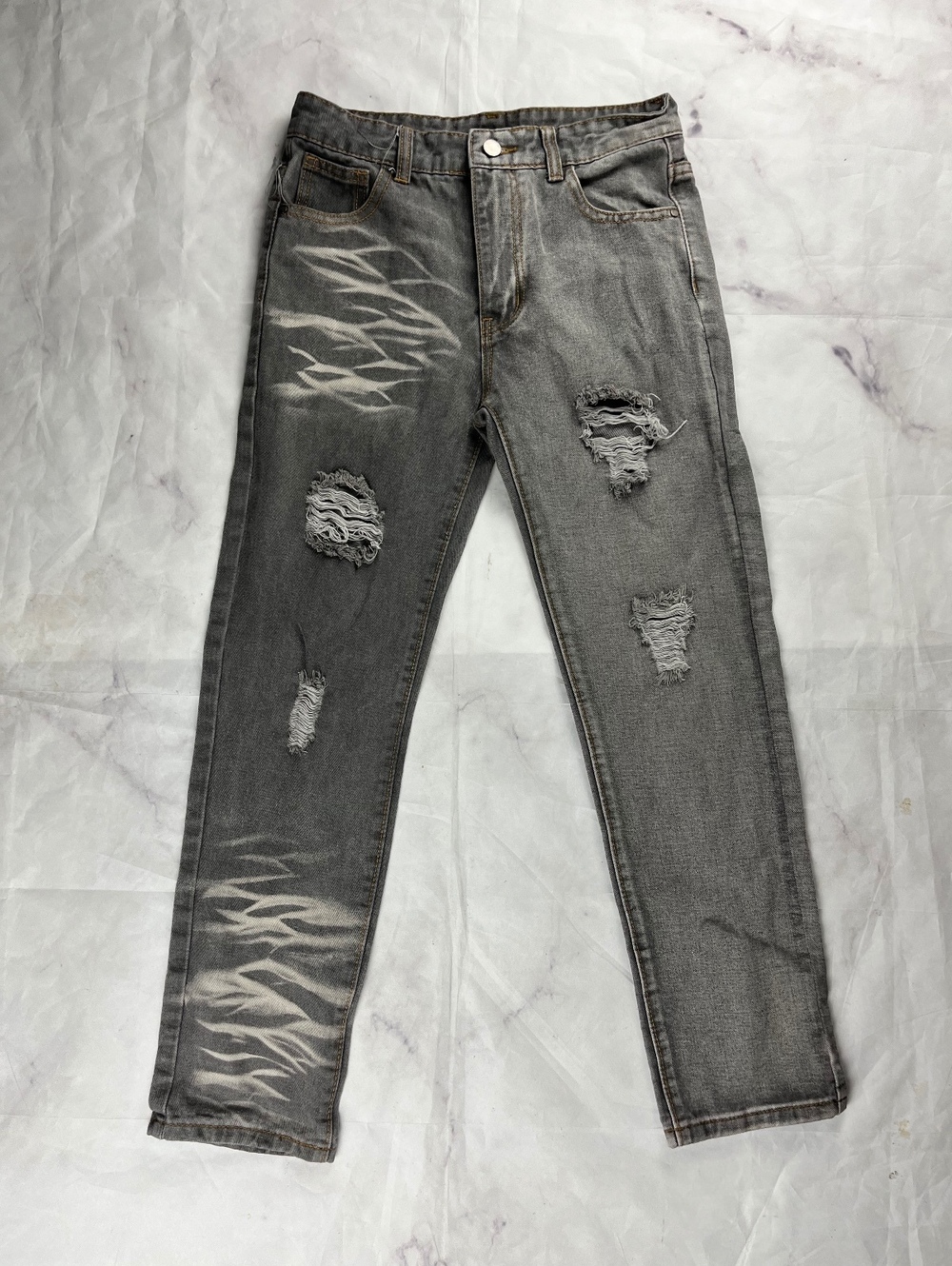 Gray Distressed Ripped Jeans with Flame Design